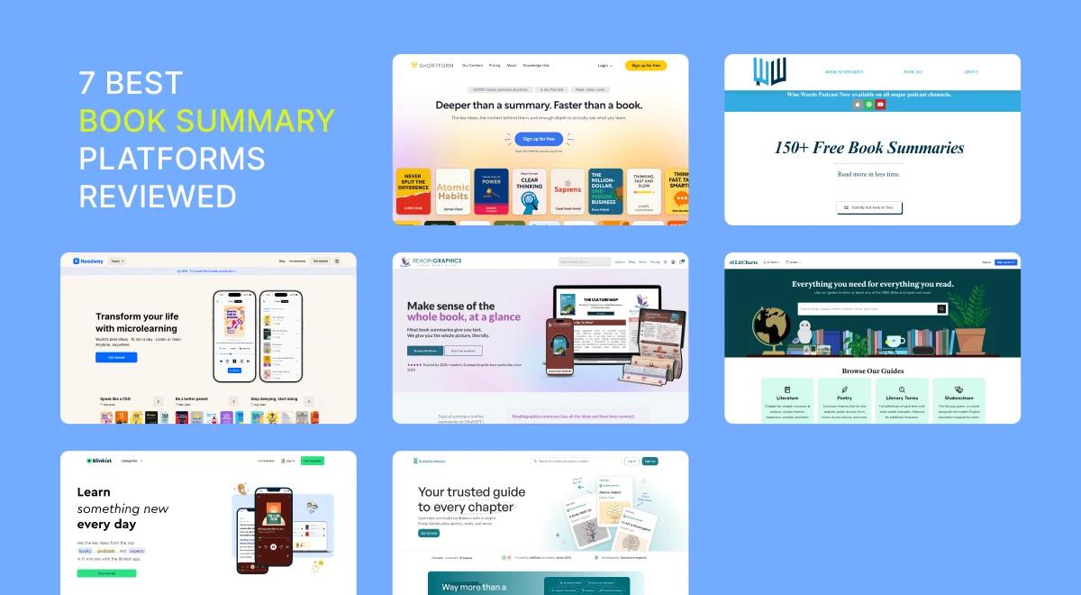 _Blue collage graphic showing screenshots of 7 best book summary platforms reviewed, featuring multiple website interfaces including Headway and other reading apps