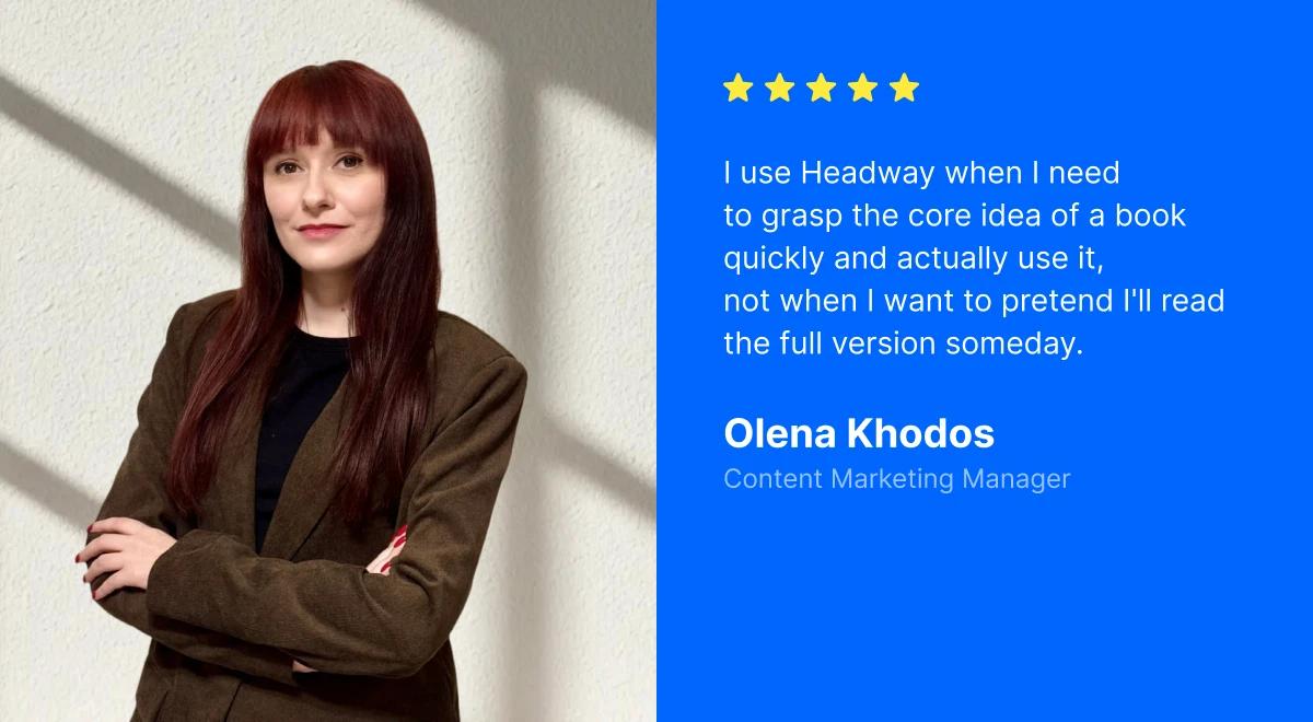 Woman with dark red hair in a brown blazer posing arms crossed beside a five-star Headway UGC review on a blue card, sharing her business books reading routine