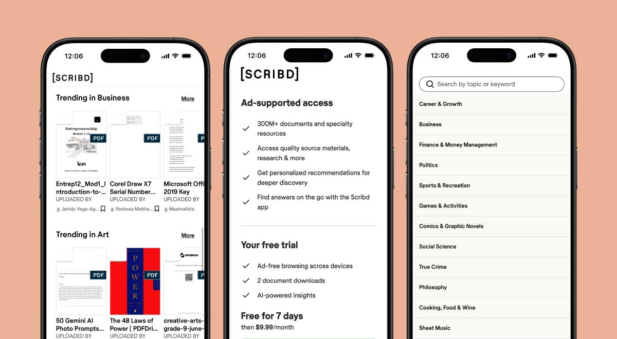 Three smartphones showing the Scribd app with trending business and art documents, ad-supported access and free trial details, and a browsable topic list explaining the Scribd subscription options