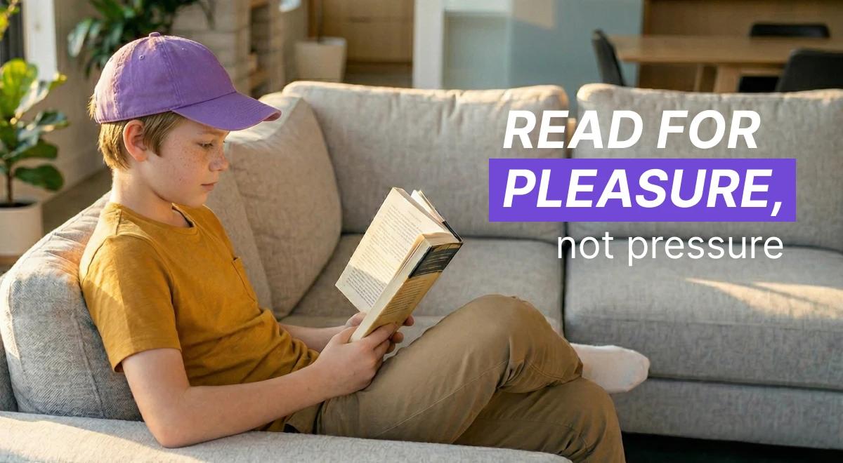 Teen in a purple cap and yellow shirt sitting on a couch reading fun books to read for pleasure, surrounded by indoor plants and cozy home decor in the background