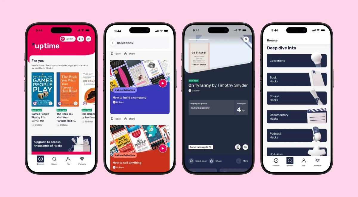 Four Uptime app screens on a pink background showcasing personalized content feed, collections, book summaries, and deep dive categories in this microlearning app review