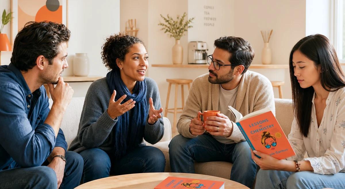 Four adults engaged in a book club discussion on a couch, with a man holding Lessons in Chemistry book and a coffee mug, in a cozy modern living room