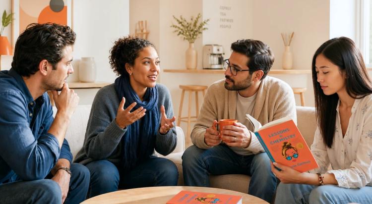 Four adults engaged in a book club discussion on a couch, with a man holding Lessons in Chemistry book and a coffee mug, in a cozy modern living room