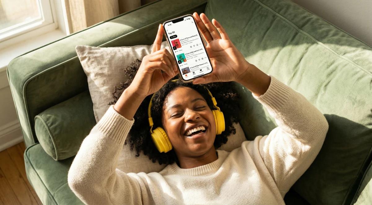 Smiling woman with yellow headphones lying on a green couch, holding up a smartphone with the Storytel audiobooks app, listening to an audiobook