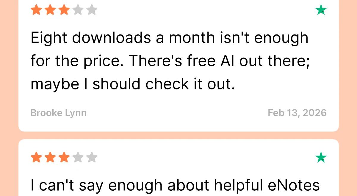Two eNotes app user reviews on a peach background showing three-star ratings, with written feedback about download limits and helpful eNotes study features
