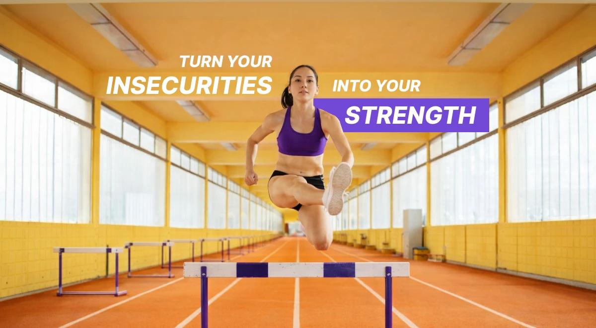 Woman in a purple sports bra leaping over a hurdle on an indoor track, symbolizing turning insecurities into strength with advice from confident people