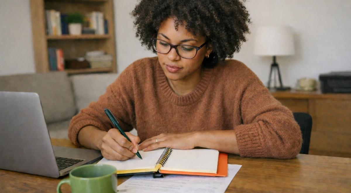 Black woman with curly hair and glasses writing in a notebook at a desk with a laptop and green mug, exploring best books by Black authors recommendations