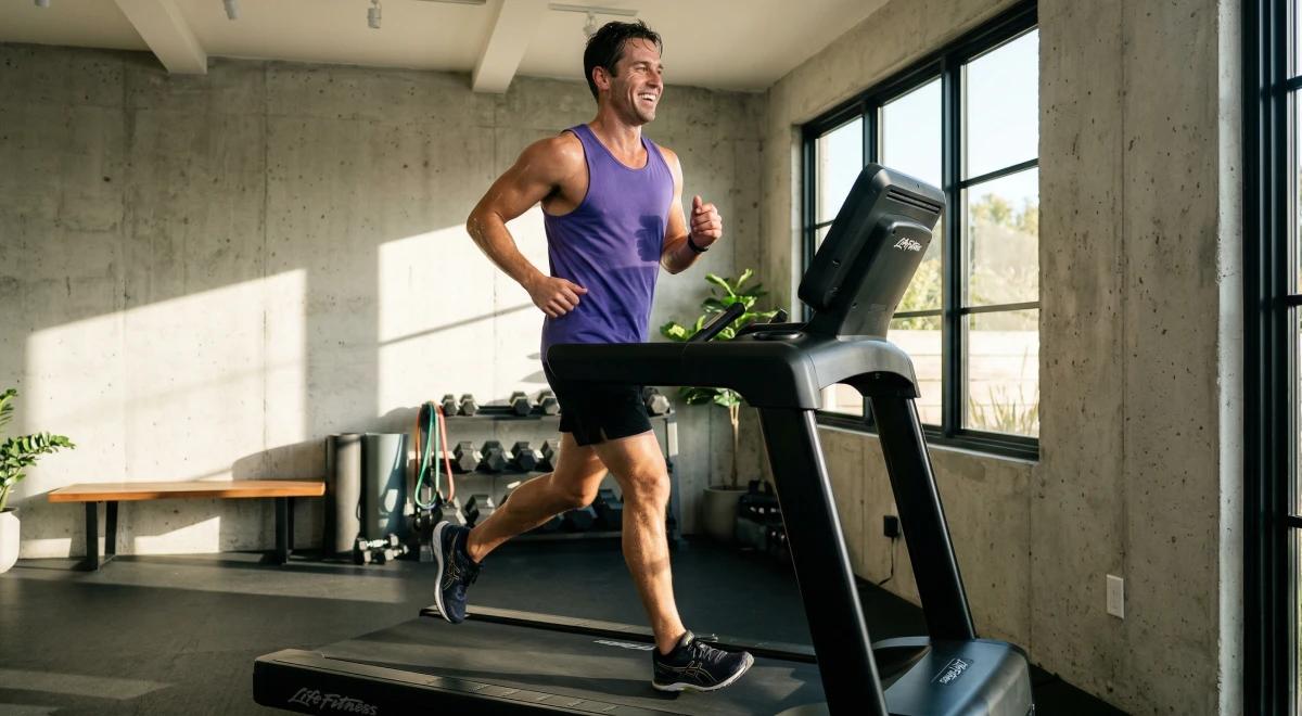 Smiling man in a purple tank top running on a treadmill in a modern gym with concrete walls, a dumbbell rack, and large windows β illustrating millionaire habits through daily fitness