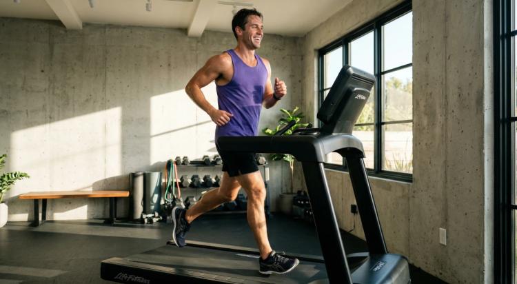 Smiling man in a purple tank top running on a treadmill in a modern gym with concrete walls, a dumbbell rack, and large windows — illustrating millionaire habits through daily fitness