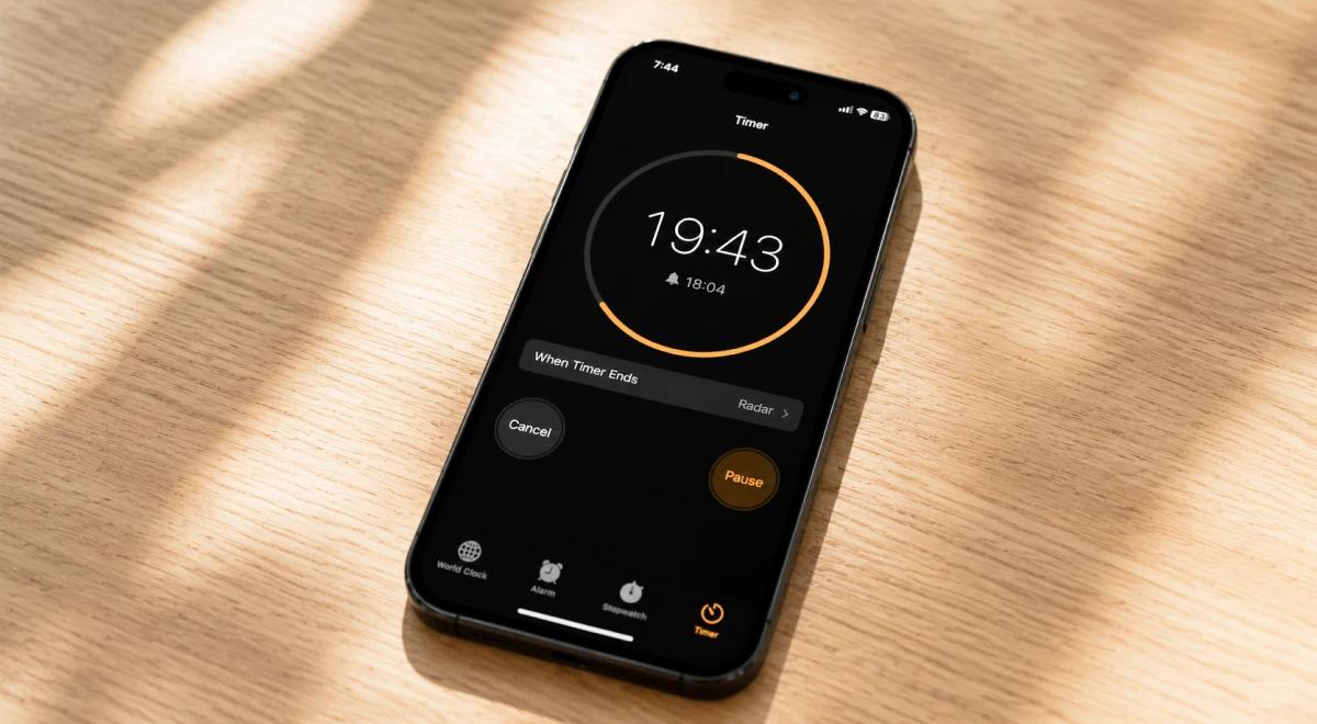 Smartphone lying on a wooden surface displaying a running timer app, suggesting a cool-down technique for managing anger in relationships