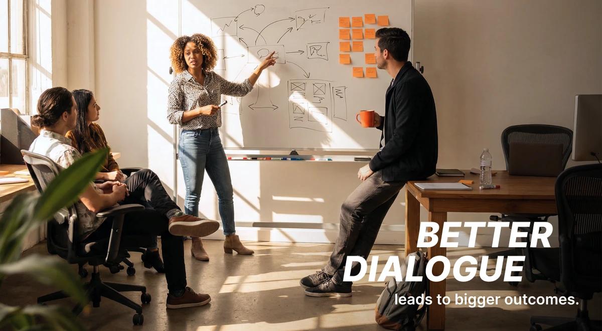 Woman presenting at a whiteboard covered with sticky notes to seated colleagues in a sunlit office, with a caption about better dialogue leading to bigger outcomes