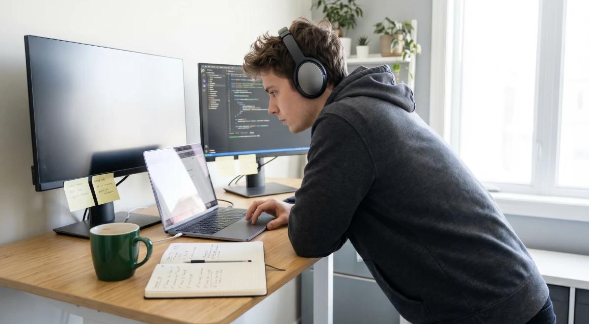 Young man wearing headphones working at a dual-monitor desk setup with a laptop, notebook, sticky notes, and coffee mug, applying productivity tips in a home office