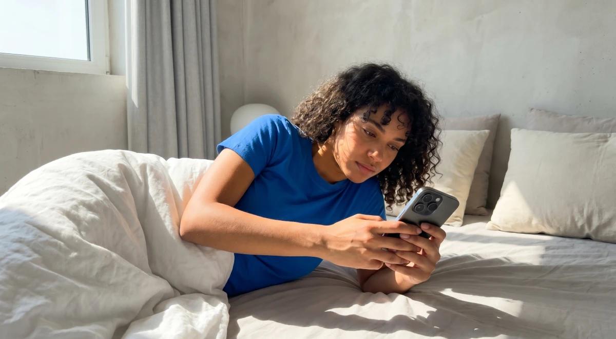 Young woman with curly hair in a blue t-shirt lying in bed scrolling on her smartphone in a bright bedroom, illustrating excessive phone use