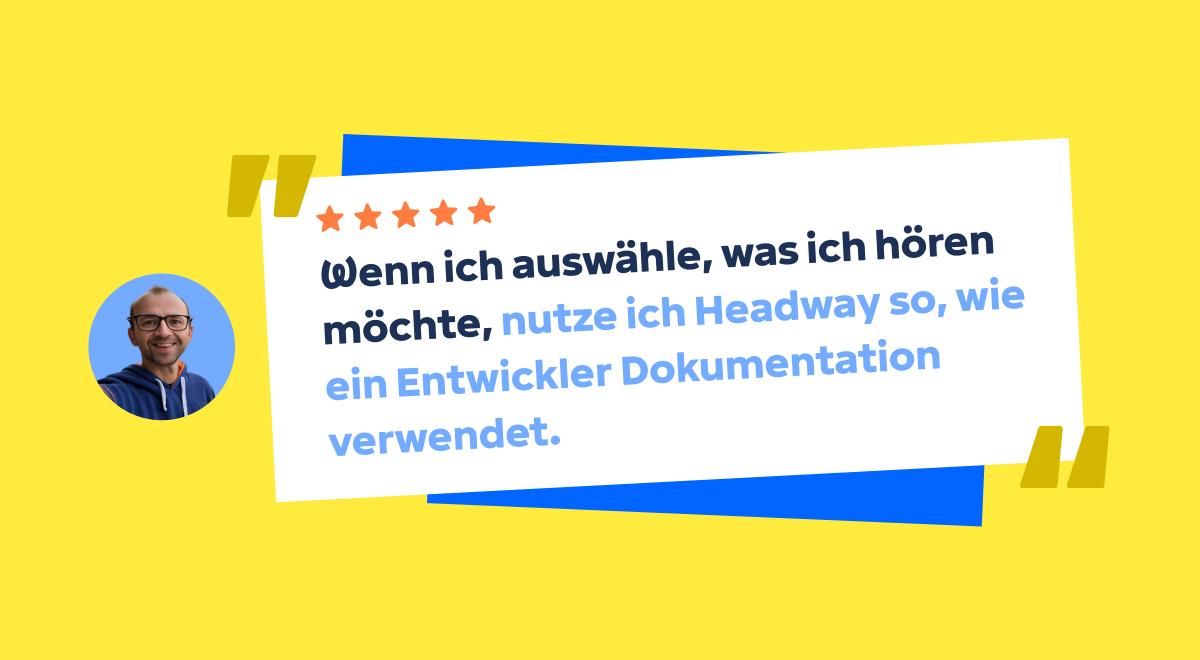Headway-Testbericht mit Fünf-Sterne-Bewertung und positivem Nutzerzitat auf weißer Karte, daneben Porträt eines lächelnden Mannes mit Brille vor gelbem und blauem Hintergrund