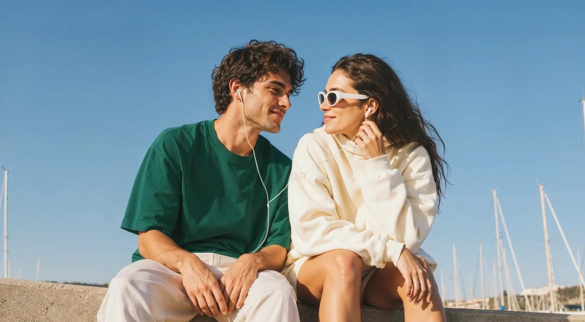 Young couple sitting outdoors sharing earphones and smiling at each other, man in a green t-shirt and woman in a cream hoodie with white sunglasses, with sailboats and blue sky in the background