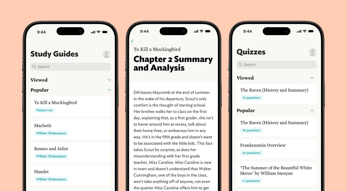 Three eNotes app screens on a peach background showing Study Guides, a To Kill a Mockingbird chapter summary, and a Quizzes section for popular literature titles
