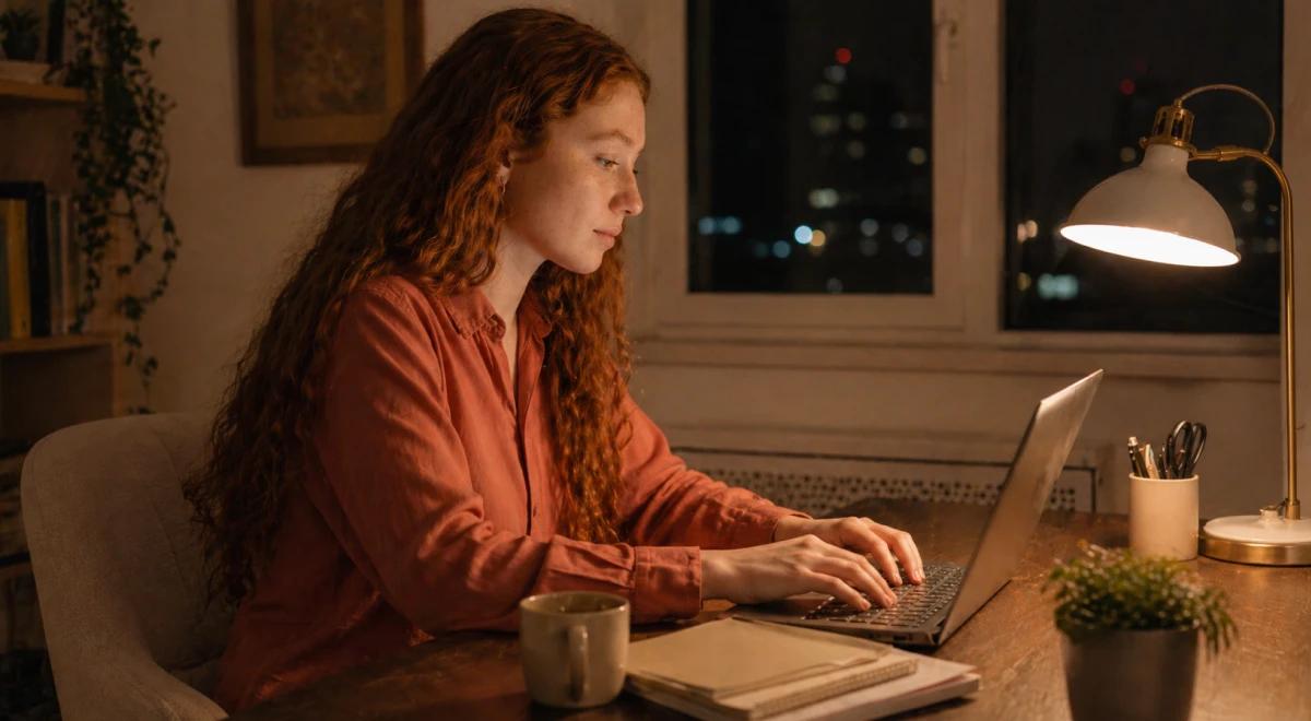 Young red-haired woman in a red shirt working late on a laptop at a dimly lit desk with a lamp, mug, and city lights at night, showing a habit of staying up late instead of waking up early