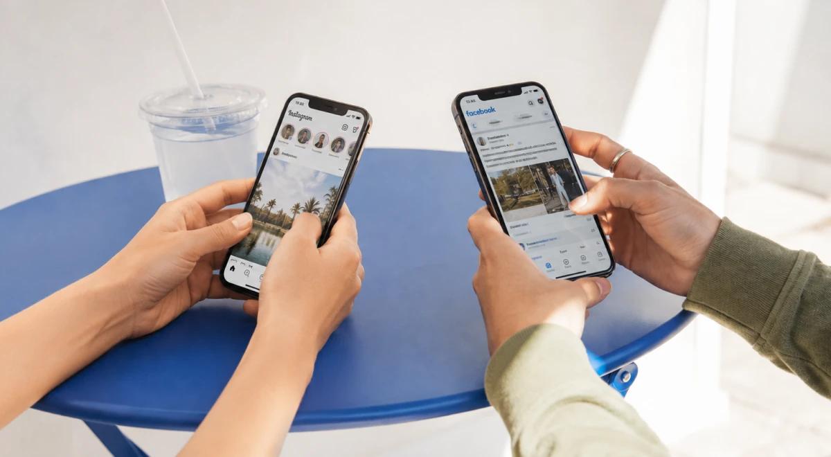 Two people sharing smartphones over a blue table with an iced drink, browsing social media together