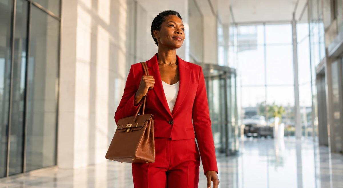 Confident Black woman in a red business suit carrying a brown leather handbag walking through a modern glass office lobby, embodying self-respect and professional empowerment