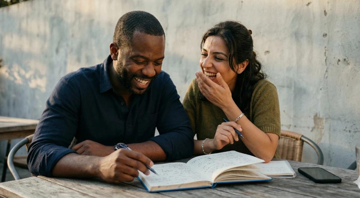 Two people smiling and writing in an open notebook together at an outdoor wooden table, building life-changing habits and daily routines against a rustic concrete wall background