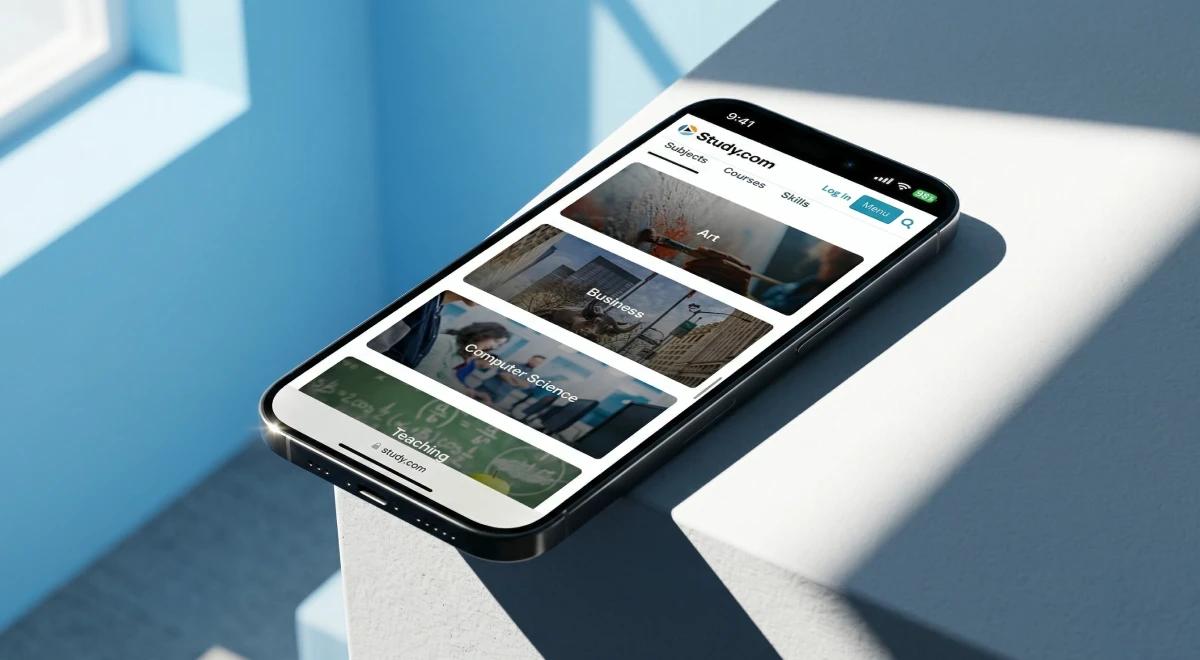 Smartphone displaying the Studycom app with subject categories including Art, Business, Computer Science, and Teaching, placed on a white surface against a light blue background