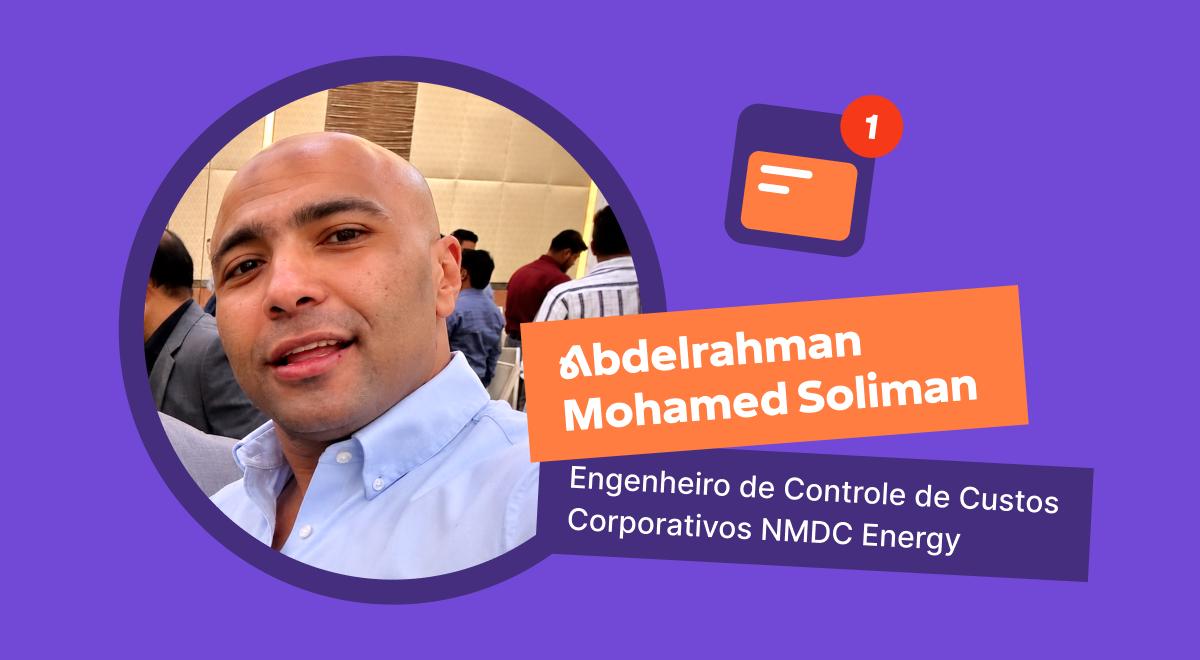 Retrato de Abdelrahman Mohamed Soliman, Engenheiro de Controle de Custos Corporativos da NMDC Energy, em círculo roxo com fundo de evento, compartilhando sua análise da Headway