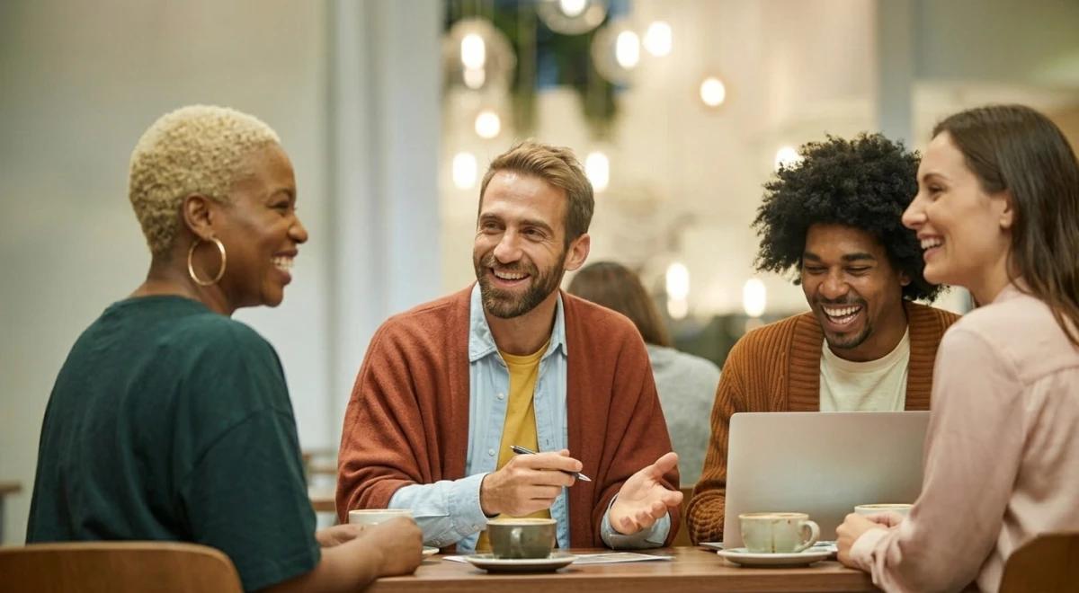 Four diverse friends laughing and talking together at a café table with coffee cups and a laptop, showing an extrovert with social anxiety enjoying genuine group connection