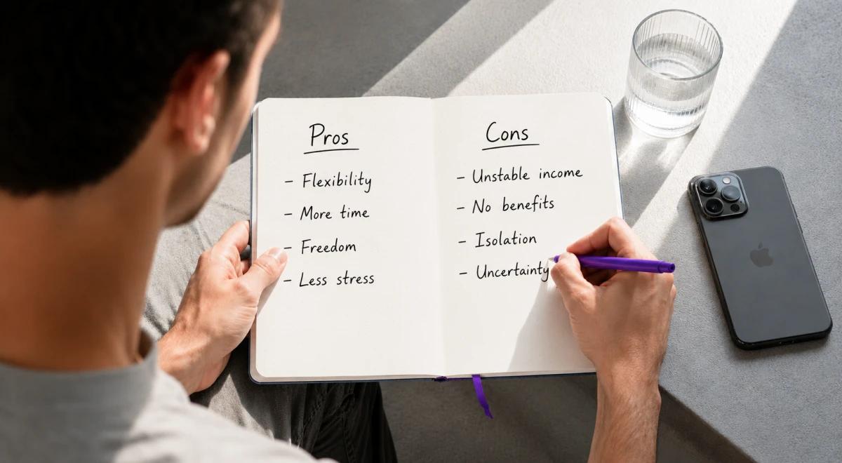 Man writing pros and cons list in an open notebook on a desk beside a smartphone and glass of water, illustrating internal conflict and decision-making