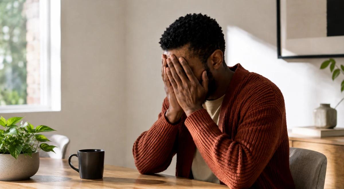 Distressed Black man in a rust orange cardigan sitting at a wooden table with his face buried in his hands next to a black coffee mug, expressing emotional overwhelm