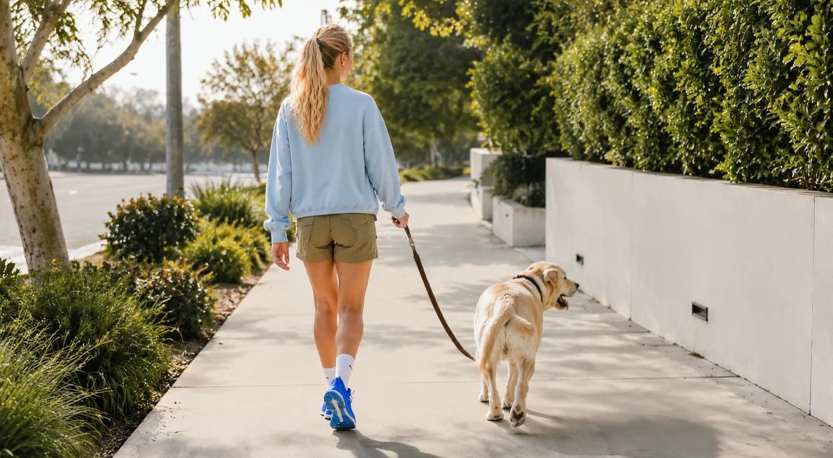 Young blonde woman in a light blue sweatshirt walking a golden retriever on a sunny outdoor path surrounded by greenery