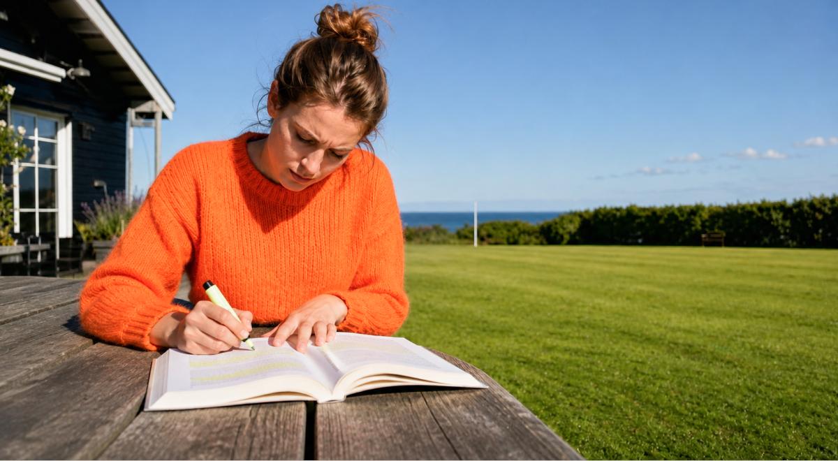 Woman in an orange sweater practicing critical reading, highlighting a book with a marker at a wooden outdoor table beside a green lawn, seaside view, and blue sky