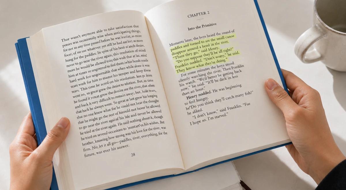 Hands holding an open book with yellow and green highlighted text passages, representing active reading and annotation techniques for ADHD