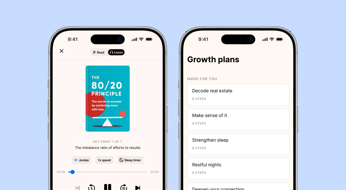 Two smartphones showing learning with Headway, one playing the audio version of The 80 20 Principle and the other listing personalized growth plans on real estate, sleep, and connection