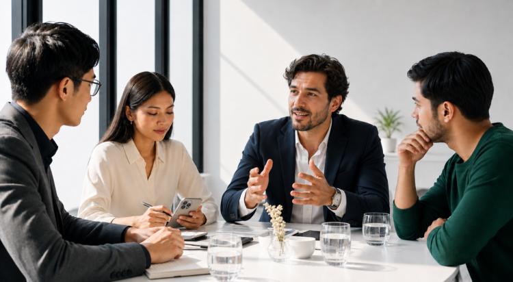 Confident businessman gesturing while speaking like a CEO to three attentive colleagues around a white table in a bright modern office with glasses of water and a smartphone