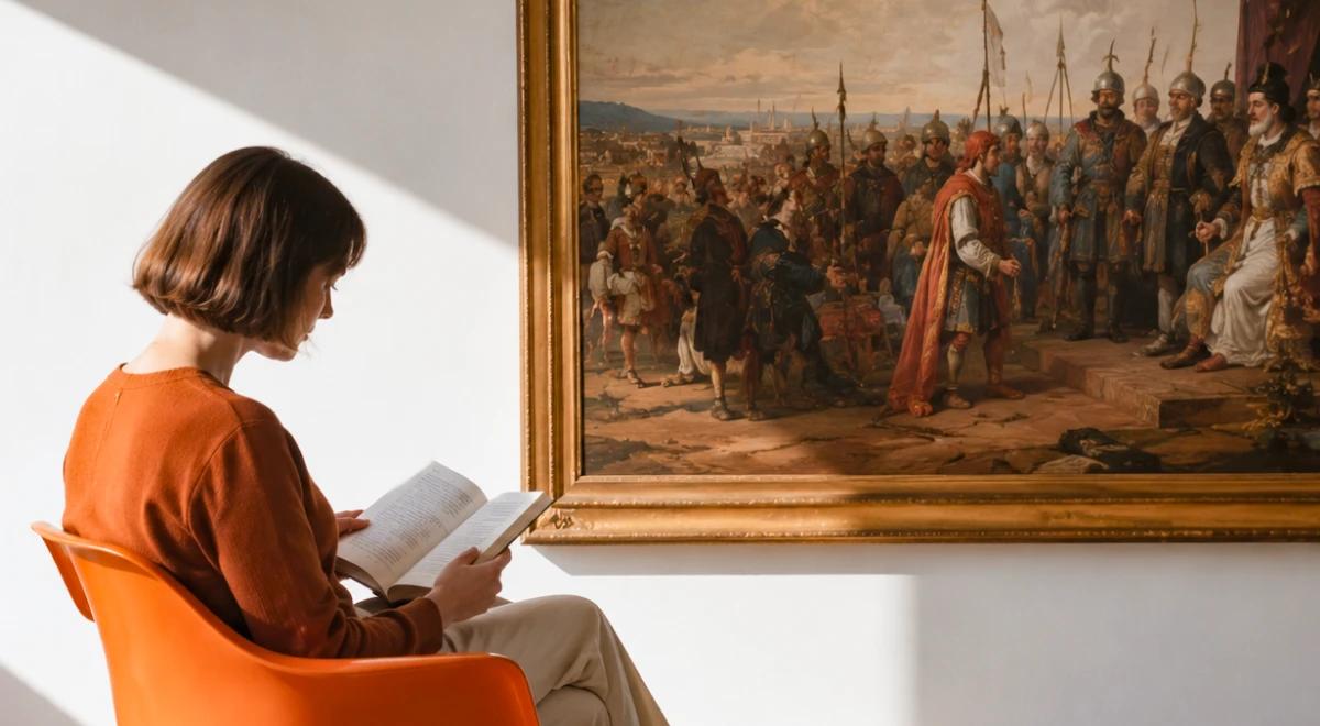 Woman in a rust-colored sweater sitting on an orange chair reading a book, with a large classical painting depicting a historical crowd scene hanging on the wall behind her
