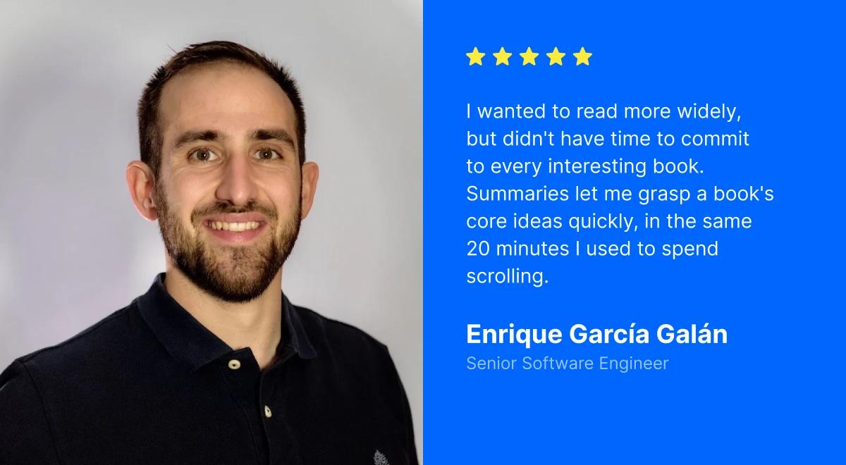 Smiling man in a dark polo against a light studio background beside a blue review card, representing career growth and self-growth through learning tools