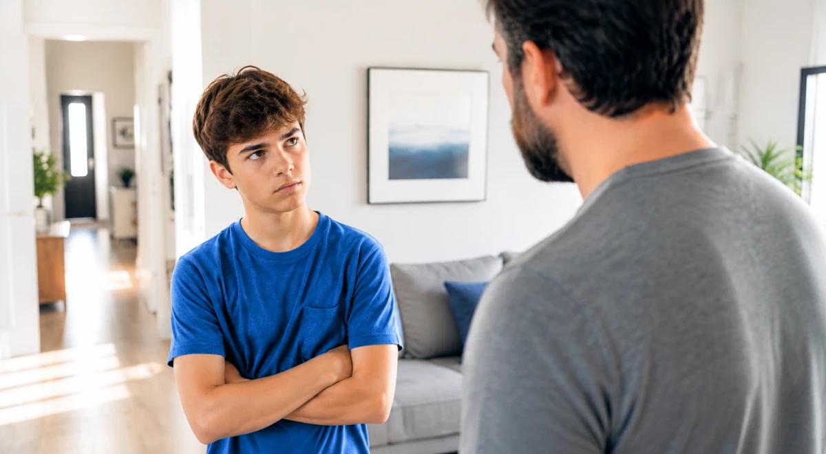 Teenage boy with crossed arms looking defensive while an adult man talks to him in a bright modern living room