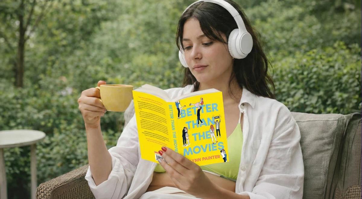 Woman with white headphones reading Better Than the Movies by Lynn Painter while holding a yellow cup outdoors among green trees, ideal for a rom-com audiobook review