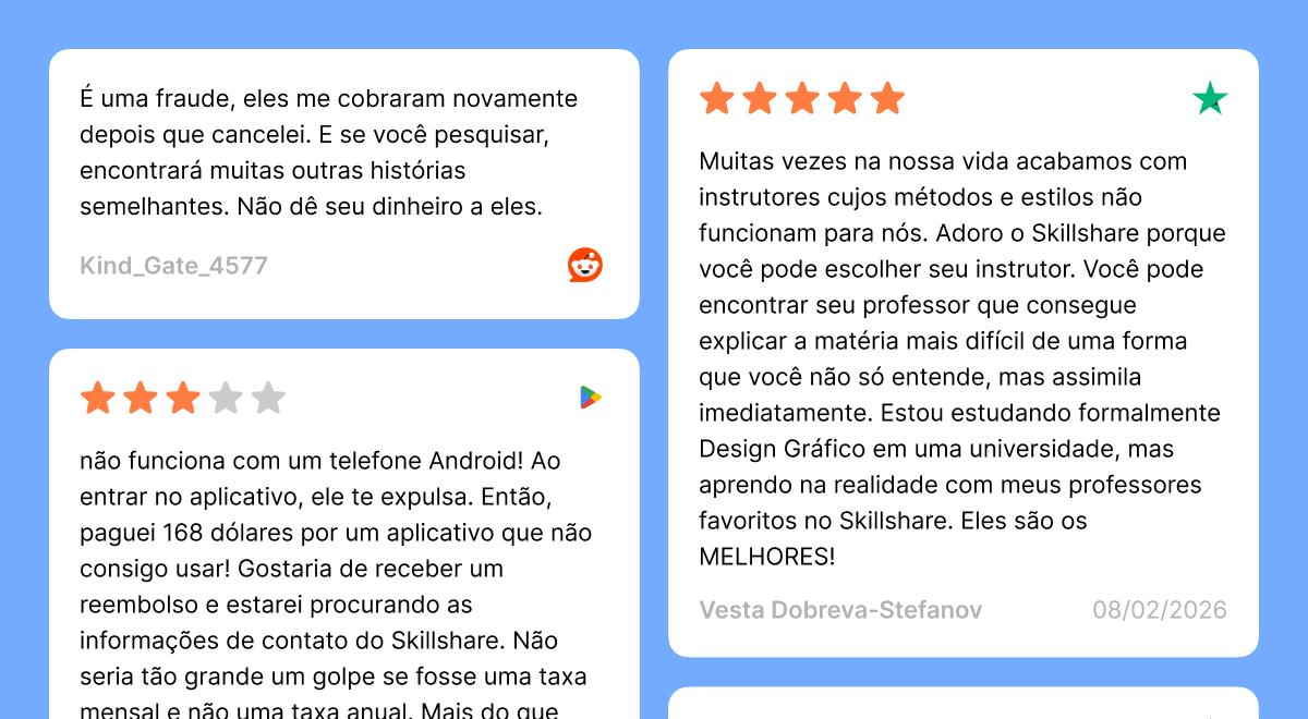 Review do Skillshare em português com avaliações de usuários do Reddit e Google Play, mostrando opiniões positivas e neg