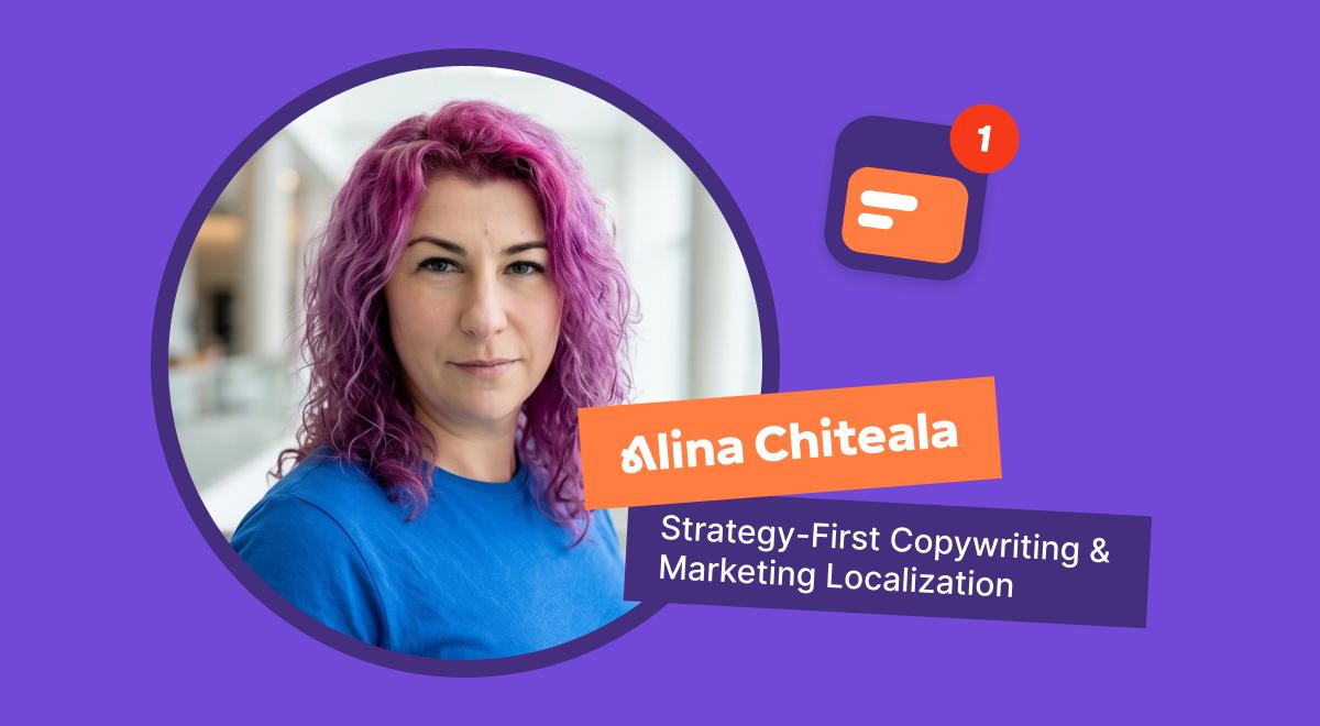 Portrait of Alina Chiteala with pink curly hair in a blue shirt, featured in a Headway review on strategy-first copywriting and marketing localization against a purple background