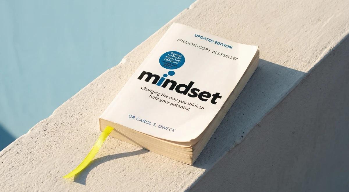 Mindset by Dr Carol SDweck growth mindset book with yellow bookmark resting on a sunlit concrete ledge against a light blue background