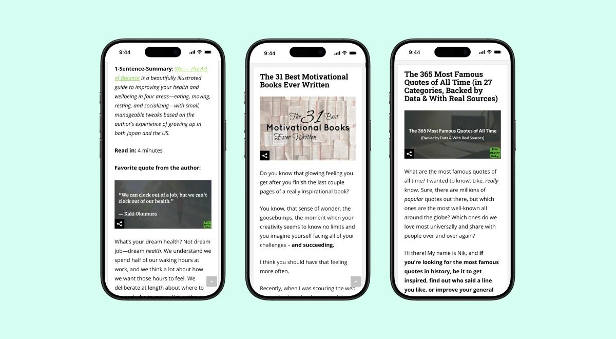 Three smartphones on a mint green background displaying Four Minute Books microlearning blog articles about motivational books and famous quotes