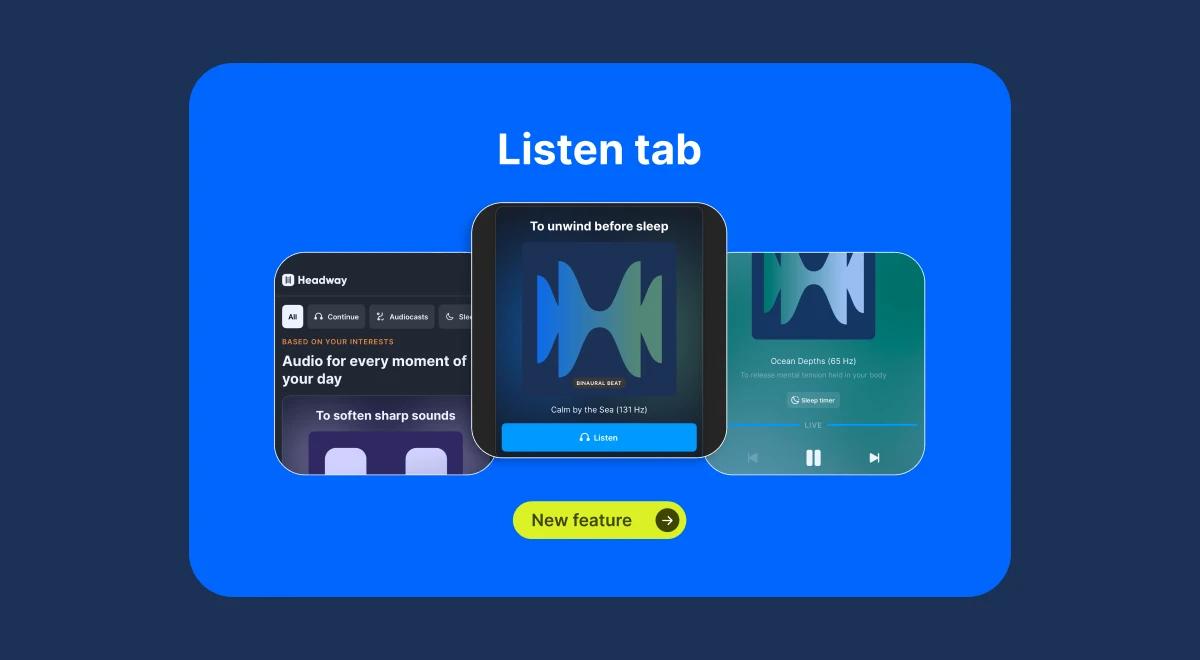 Headway app Listen tab feature on dark navy background showing audio playback screens with sleep sounds and daily audio content, labeled as a new feature