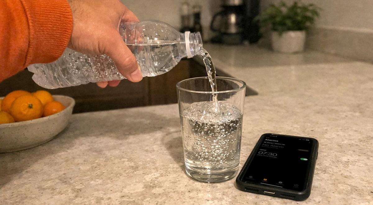 _Person in an orange sweater pouring water into a glass on a kitchen counter beside a smartphone showing 2_30 AM alarm — part of Mark Wahlberg's daily routine and discipline habits