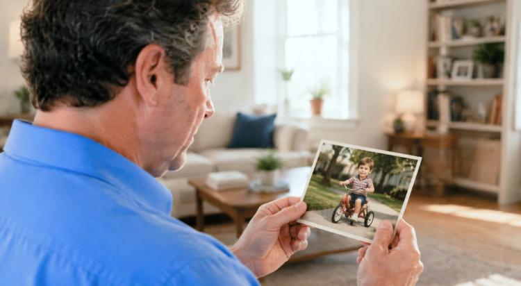 Man in a blue shirt sitting in a living room holding a photo of a child on a bike, reflecting on emotional attachment