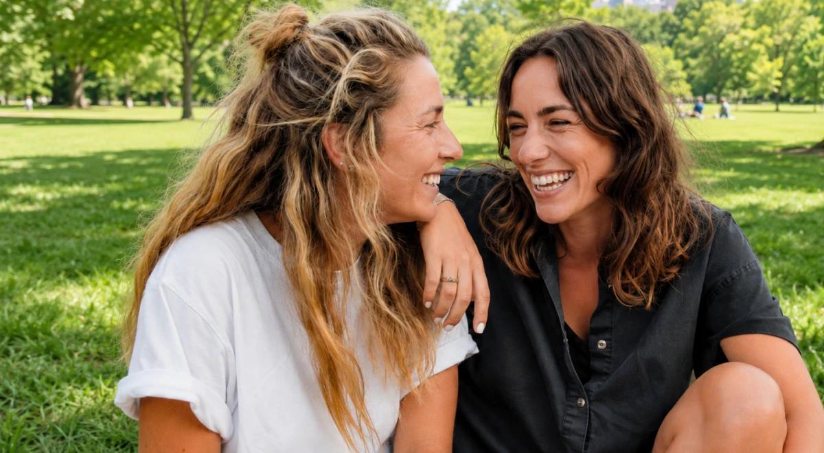 Two young women laughing and embracing each other while sitting together in a green park on a sunny day