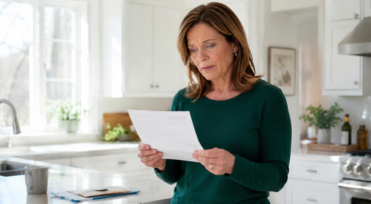 Concerned middle-aged woman in a green top reading a document with unrealistic expectations in a bright white kitchen with plants, window and stove in the background