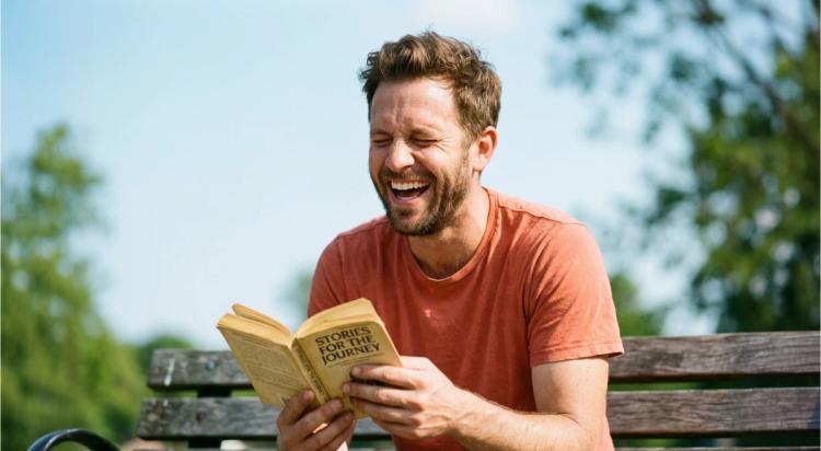 Man in an orange t-shirt laughing while reading a book on a wooden park bench, with green trees and a blue sky in the background