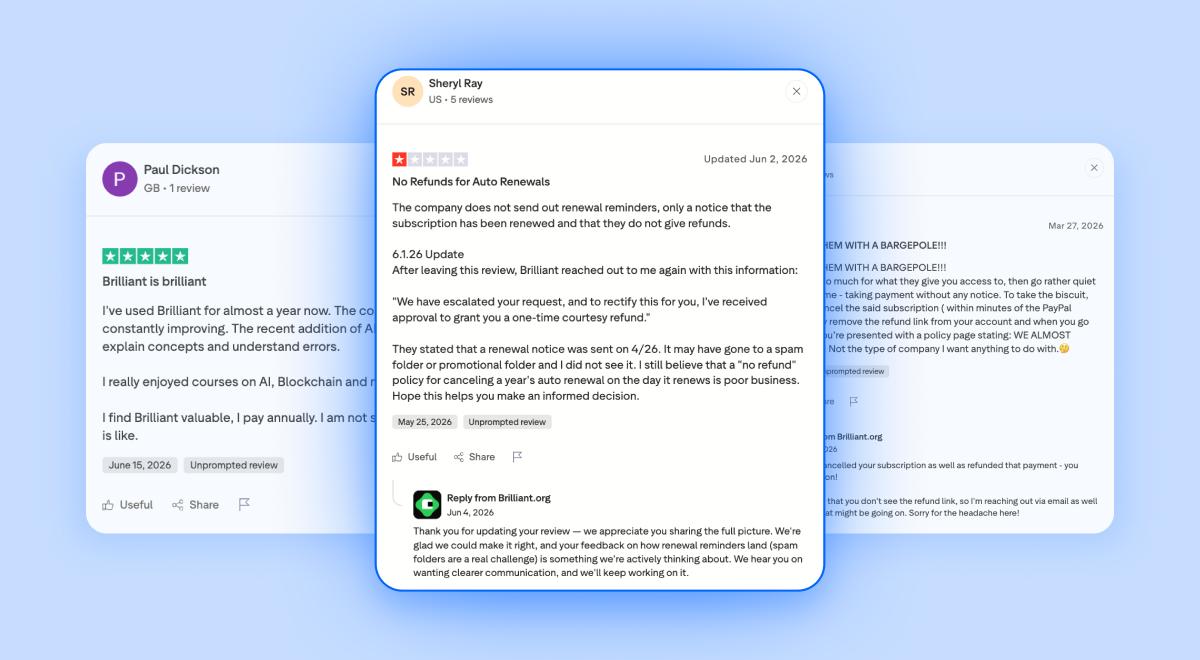 Brilliant reviews shown as overlapping cards on a blue background, featuring a one-star complaint about auto-renewal refunds with a reply from Brilliantorg alongside a positive five-star review