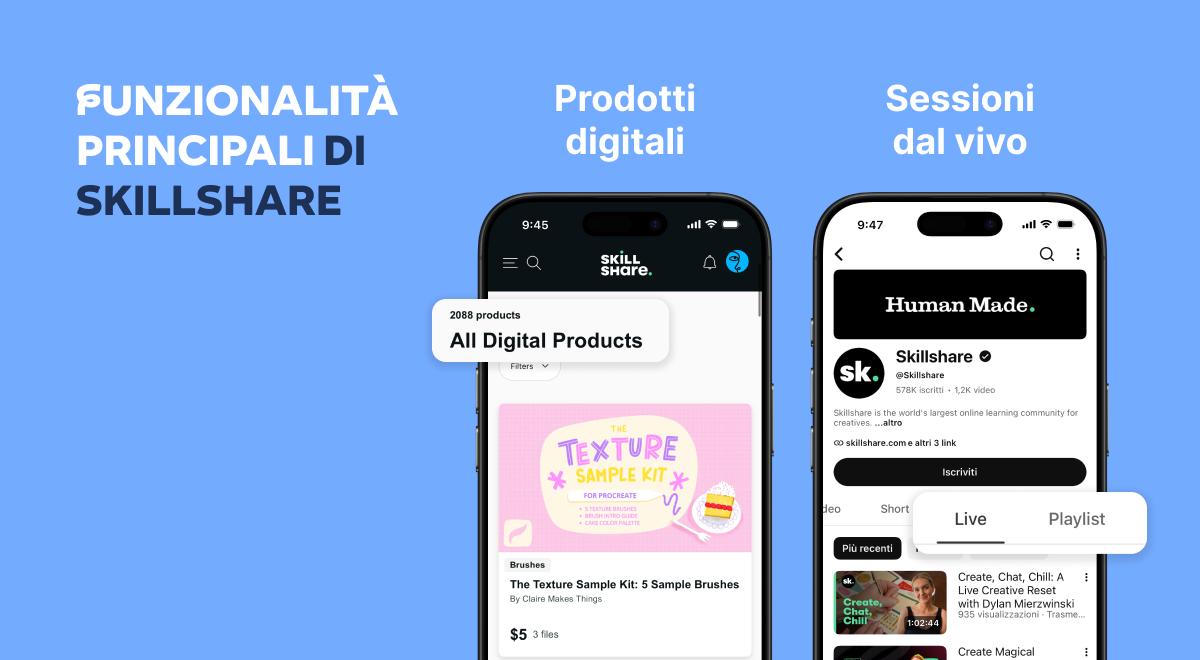 Recensione di Skillshare che mostra due smartphone con prodotti digitali e sessioni dal vivo dell'app, su sfondo azzurro
